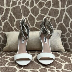 Dune London White and Silver Strappy Heels